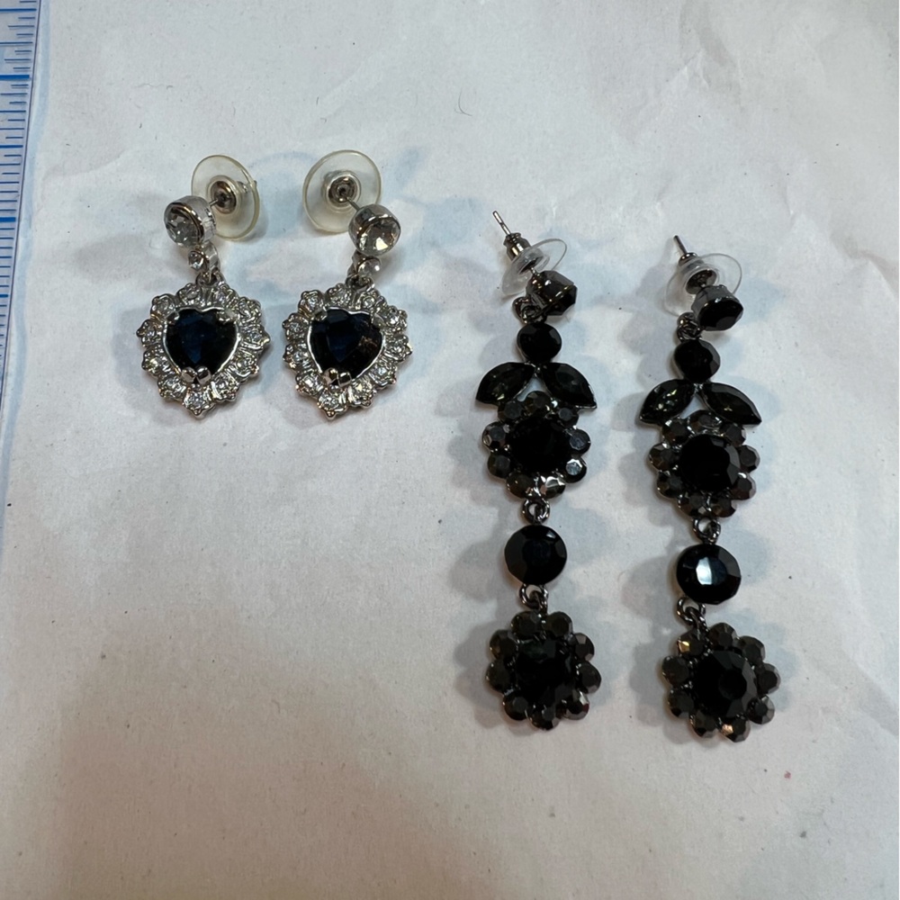 2 Pair black Jet and Rhinestone Earrings